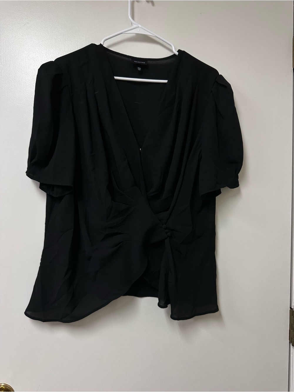 Who What Wear Black Short Puff Sleeve Wrap Top